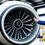 A male aerospace engineer, fully clothed in a professional, clean maintenance jumpsuit, meticulously examining a large jet engine in a brightly lit, modern aircraft hangar. Holographic data overlays of engine diagnostics, performance metrics, and predictive maintenance insights are visible around him. The scene emphasizes precision and advanced technology. safe for work, appropriate content, perfect anatomy, correct proportions, natural pose, well-formed hands, proper finger count, natural body proportions, professional photography, high quality, highly detailed.