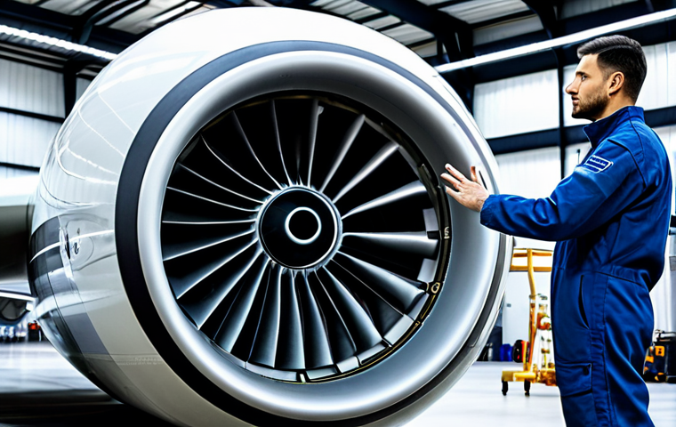 A male aerospace engineer, fully clothed in a professional, clean maintenance jumpsuit, meticulously examining a large jet engine in a brightly lit, modern aircraft hangar. Holographic data overlays of engine diagnostics, performance metrics, and predictive maintenance insights are visible around him. The scene emphasizes precision and advanced technology. safe for work, appropriate content, perfect anatomy, correct proportions, natural pose, well-formed hands, proper finger count, natural body proportions, professional photography, high quality, highly detailed.