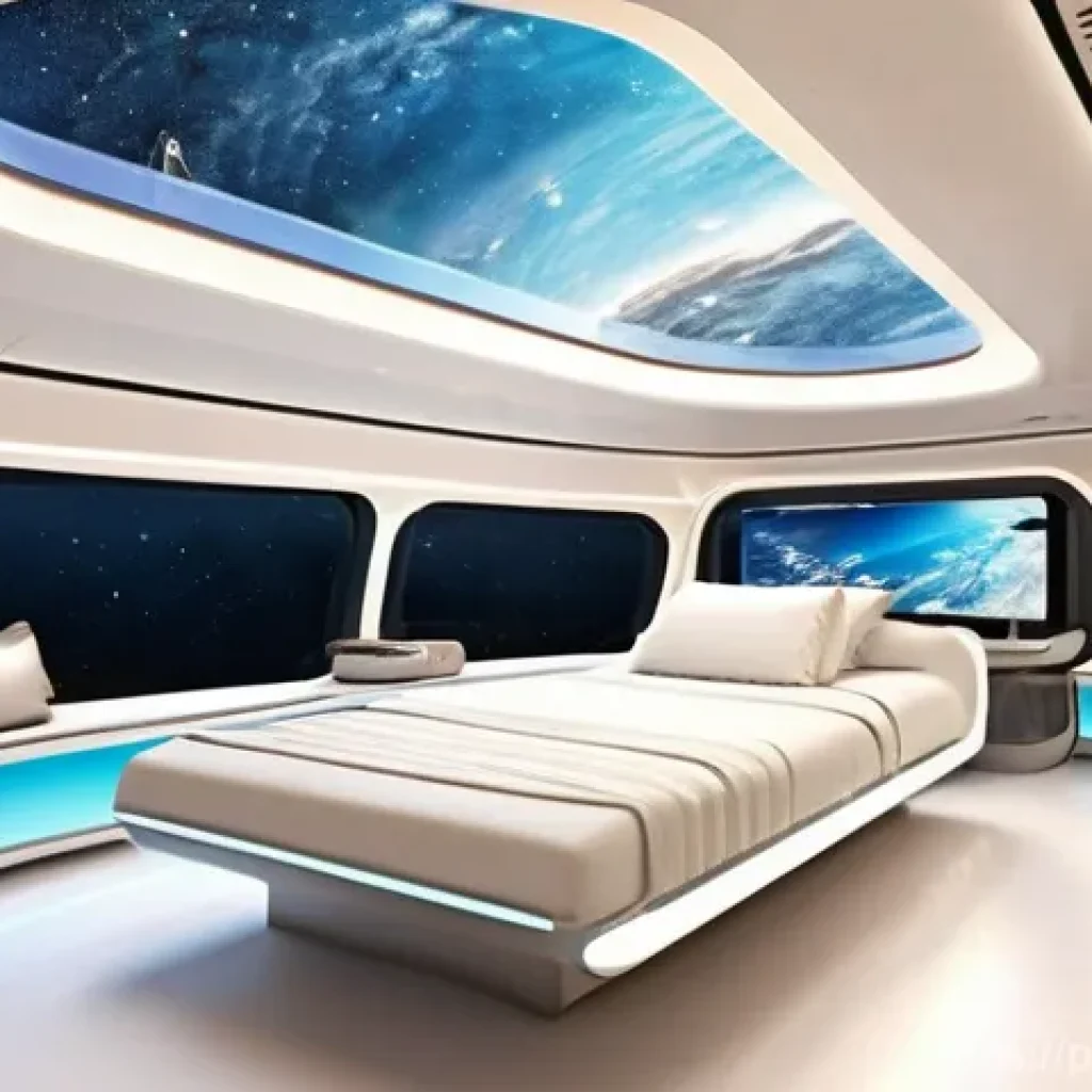 유인 우주선 설계 - **Prompt: "A luxurious and spacious interior of a future manned spacecraft, designed for long-durati...