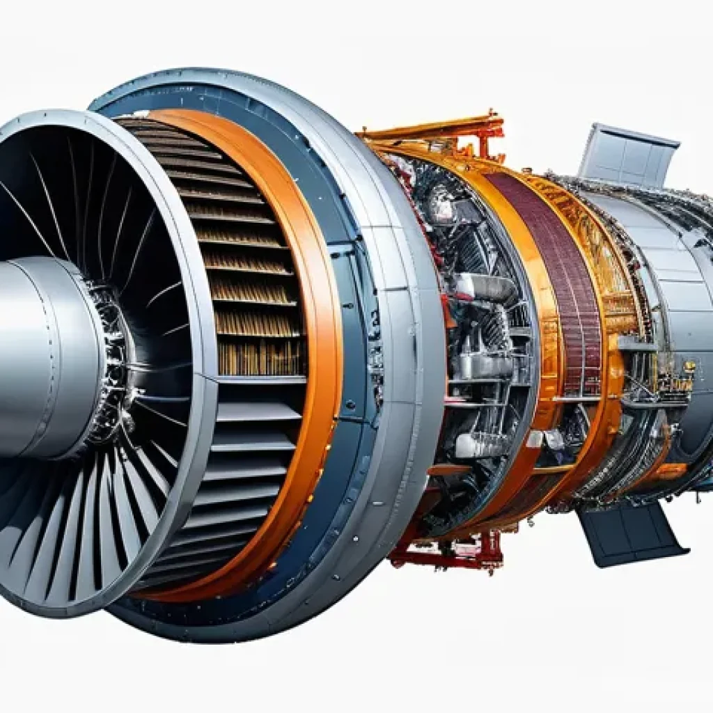 제트엔진 구조 및 성능 - **Prompt:** A highly detailed cutaway illustration of a modern turbofan jet engine, showcasing the i...