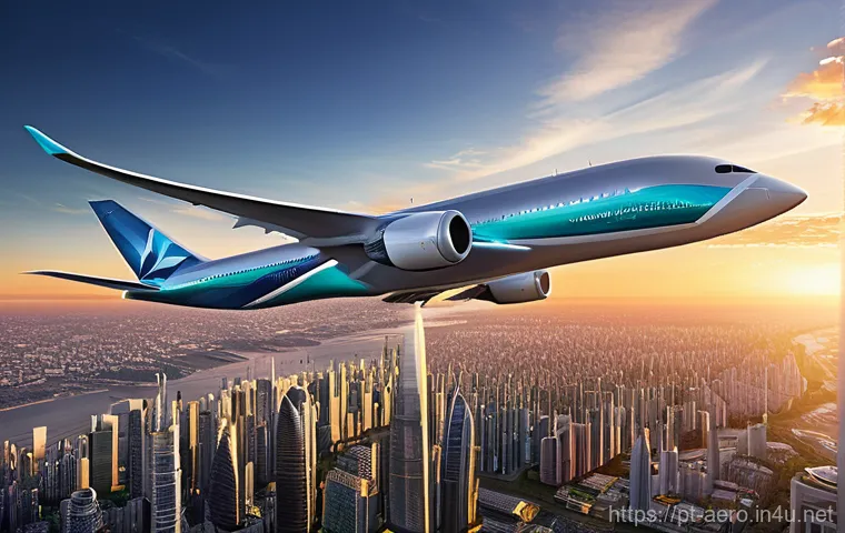복합재료 항공기 구조 - **Prompt: "A breathtaking, futuristic passenger airplane, largely constructed from advanced composit...