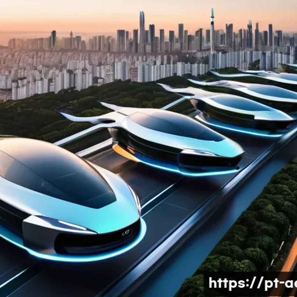 플라잉카 기술 개발 - A futuristic urban aerial scene in São Paulo at sunset, showcasing multiple sleek electric flying ca...