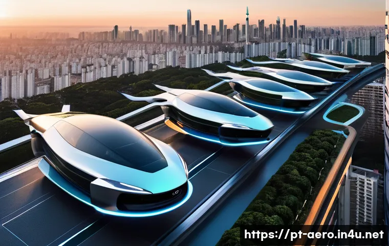 플라잉카 기술 개발 - A futuristic urban aerial scene in São Paulo at sunset, showcasing multiple sleek electric flying ca...