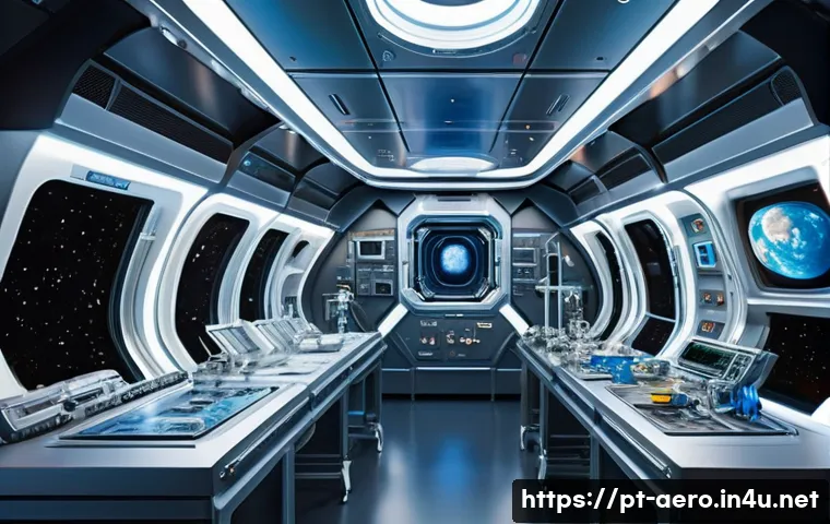 우주에서의 3D 프린팅 - A futuristic space station interior showing astronauts using advanced 3D printers to fabricate tools...