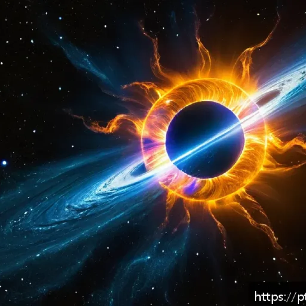 태양풍과 우주환경 영향 - A detailed cosmic scene depicting the Sun emitting a powerful solar wind of charged particles&mdash;mainly...