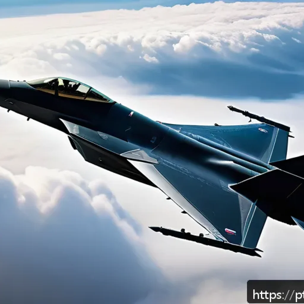 스텔스 기술 및 저피탐 설계 - A sleek stealth fighter jet soaring through a cloudy sky at dusk, featuring sharp angular geometry a...