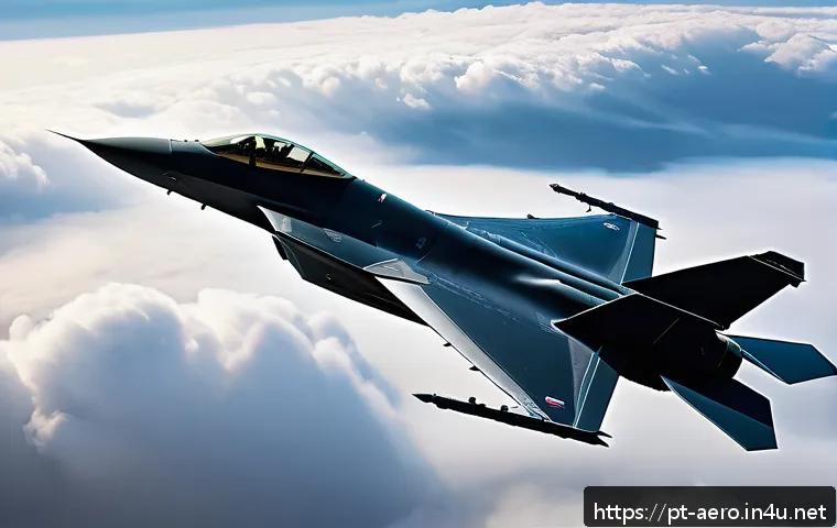 스텔스 기술 및 저피탐 설계 - A sleek stealth fighter jet soaring through a cloudy sky at dusk, featuring sharp angular geometry a...