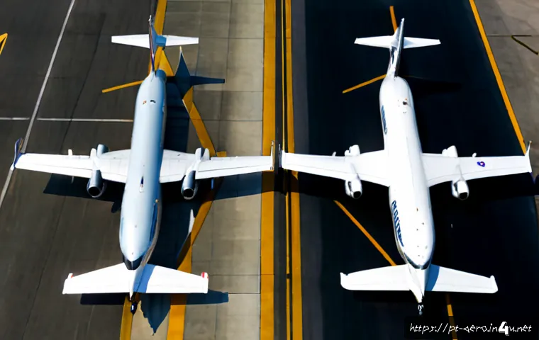보잉 vs 에어버스 기술 비교 - Photorealistic side-by-side comparison of two modern unbranded wide-body passenger jets parked at se...